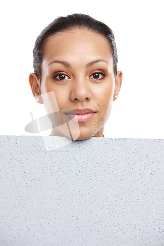 Image of Face, portrait and woman with poster for mockup, marketing or advertising space in studio isolated on a white background. Product placement, branding and female with banner for mock up or promotion.