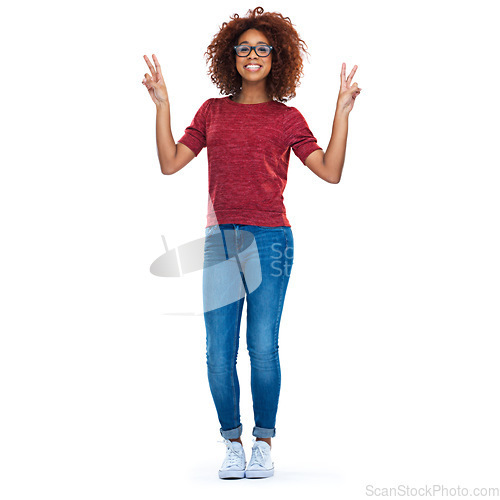 Image of Portrait, peace and social media with a black woman in studio isolated on a white background with a hand sign. Comic, emoji and gesture with a happy young female posing on blank advertising space