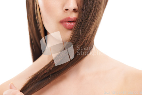 Image of Beauty, hair and face with woman in skincare closeup cosmetic care and keratin treatment against white background. Hairstyle, Brazilian and natural cosmetics with shine and wellness hair care glow