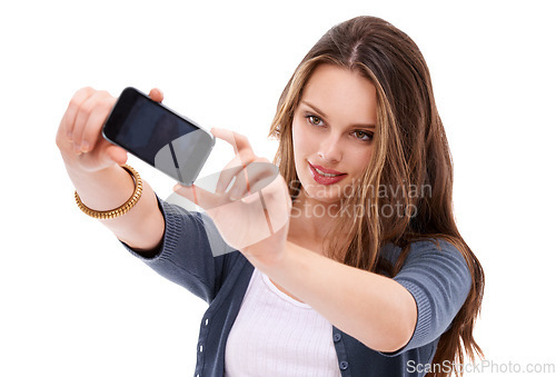 Image of Digital phone selfie, studio and woman with cellphone memory picture for social media app, online website or social network. Mobile smartphone user, technology and model girl pose on white background