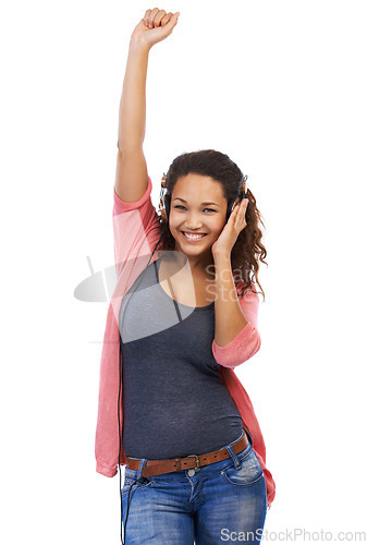 Image of Portrait, music and woman with headphones in studio isolated on a white background mock up. Face, dance and happy female with headset streaming, listening or enjoying podcast, radio or audio song.