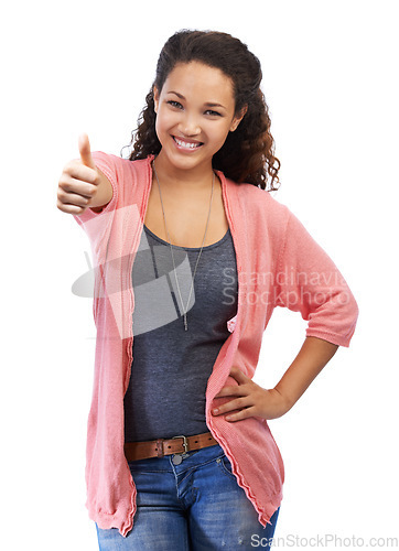 Image of Black woman, portrait and thumbs up hand sign for support, thank you and yes for approval on white background. Smile and happy face of a young female model with like emoji for motivation and trust