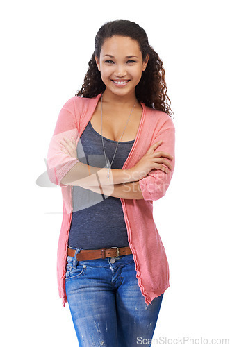 Image of Black woman, smile and happy portrait with arms crossed on white background for happiness and positive mindset. Young female model from UK in studio for motivation and beauty in casual clothes