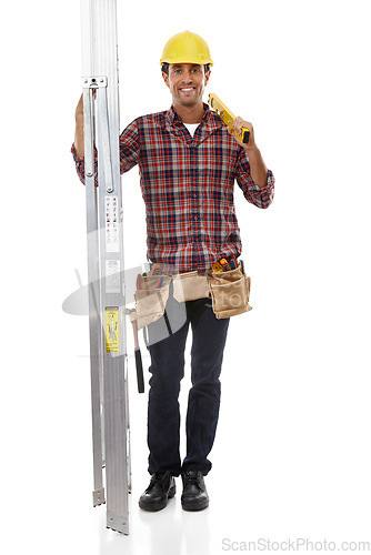 Image of Construction, maintenance and portrait of a builder on a ladder for home improvement. Service, happy and safety construction worker with a building or repair job on a white background in studio