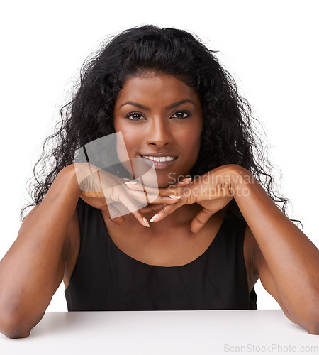 Image of Portrait, beauty and cosmetics with an indian woman in studio isolated on a white background for skincare. Face, luxury or wellness with an attractive young female posing to promote natural treatment