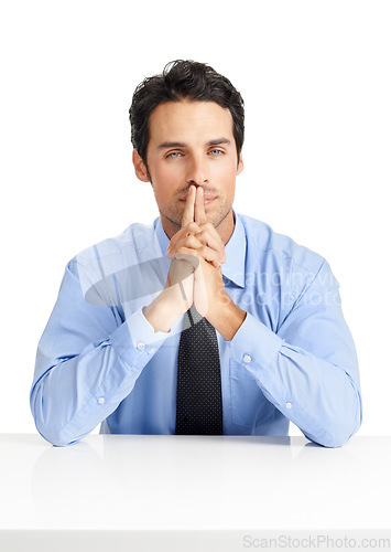 Image of Thinking, portrait and businessman in studio planning strategy, goal and vision isolated on white background. Man and business owner with ambition, mindset and an expert consultant in management