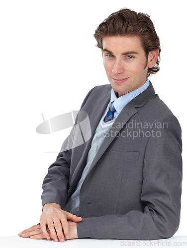 Image of Portrait, business or man with smile, company project or entrepreneur isolated on white studio background. Ceo, consultant or employee with smirk, confidence or manager with career success or startup