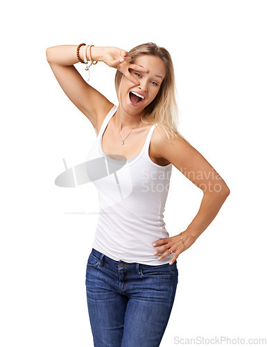 Image of Fashion, casual and portrait of a fun woman in a studio with a young, natural and cool outfit. Happy, smile and female model with a peace sign for a silly expression isolated by a white background.