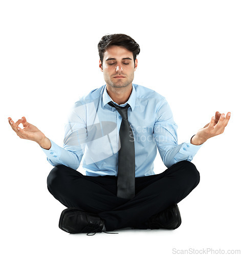 Image of Yoga meditation, relax and businessman meditate for work stress relief, spiritual mental health or chakra energy healing. Lotus, zen mindset peace and employee mindfulness on white background studio