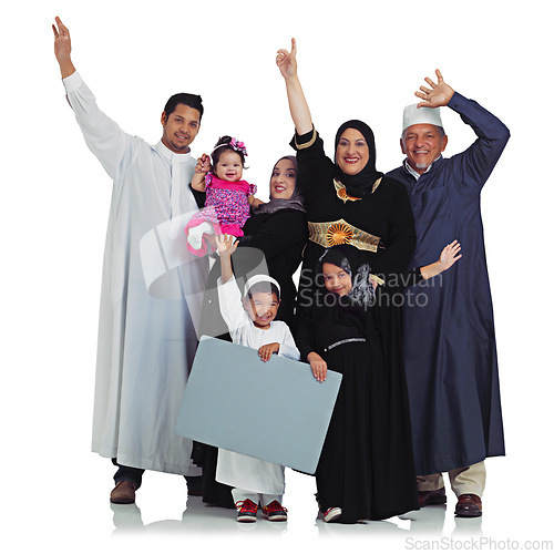 Image of Muslim family, winning portrait and poster space with children and parents celebrate Islam religion. Arab women, men and kids with banner sign for peace and support isolated on a white background
