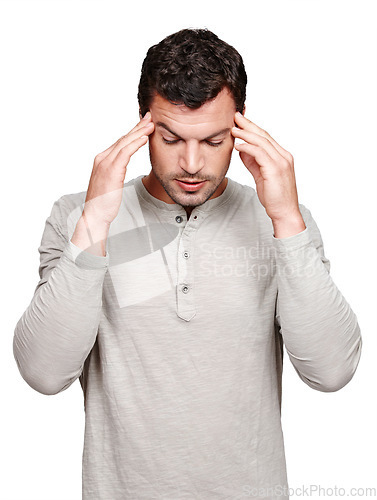 Image of Mental health, stress headache and studio man with anxiety problem, burnout fatigue and depressed over fail mistake. Medical healthcare crisis, sad depression and model migraine on white background