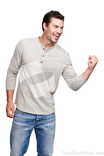Image of Happy, man and promotion in celebration for winning, discount or goal against a white studio background. Isolated male model winner with smile celebrating win, sale or achievement on mockup