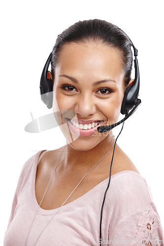 Image of Woman, portrait and call center agent in studio, headset with CRM with customer service isolated on white background. Contact us, telemarketing with tech support, customer care and female smile