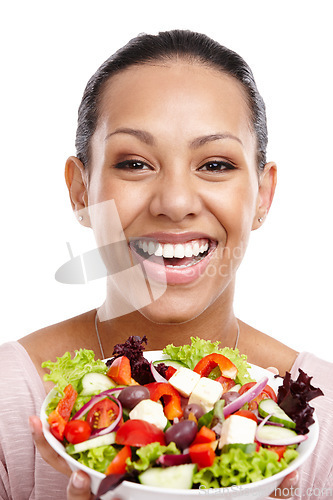 Image of Happy, wellness and portrait of black woman with salad for health, diet and lose weight nutrition lifestyle. Attractive smile of excited woman with healthy food on isolated white background