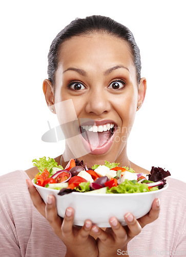 Image of Health, wow and portrait of woman with salad for diet, wellness and lose weight nutrition lifestyle. Smile of happy and excited black woman with healthy food on isolated white background.