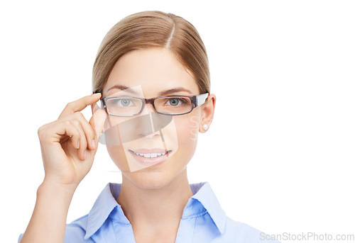 Image of Portrait, vision and glasses with a woman in studio isolated on a white background for a prescription lenses test. Eyewear, mockup or frame with an attractive young female on blank space for eye care