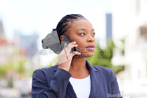 Image of Phone call, city and business woman with communication strategy, negotiation and networking in outdoor planning, growth and management. Corporate black woman talking on cellphone for entrepreneur job