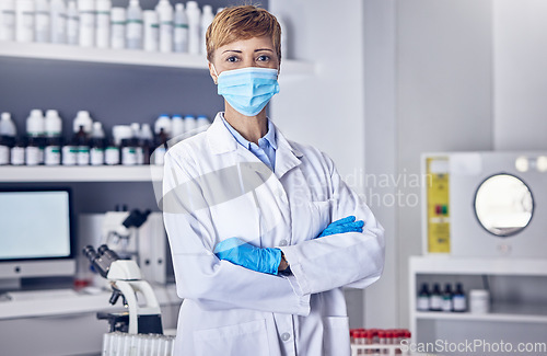 Image of Covid, portrait or senior scientist in a laboratory working on biotechnology for medical healthcare innovation. Coronavirus, black woman or doctor in face mask or gloves helping with science research