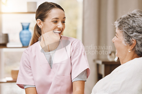 Image of Nurse, woman and nursing home support, help and kindness for medical homecare service. Happy healthcare caregiver, trust and empathy for senior, elderly and retirement patient in rehabilitation house