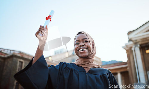 Image of Education, graduation and portrait of Muslim woman at university, college and academic campus with diploma. Celebration, certificate ceremony and girl student with success, victory and achievement