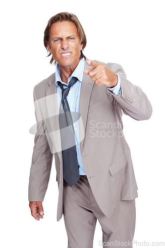 Image of Point, angry and business man portrait of a professional manager feeling frustrated. Isolated, white background and anger of a upset person from work in a suit with job problems and conflict
