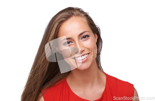 Image of Smile, perfect teeth and beauty portrait of a woman isolated on a white background with a positive mindset. Young professional female model happy in studio with makeup, cosmetics and hair care