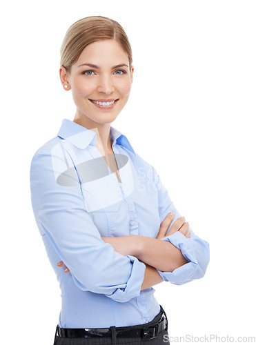 Image of Portrait, woman arms crossed and business with sales growth, advertising agency and agent isolated on white studio background. Female, leader and ceo with smile, confident employee or project success