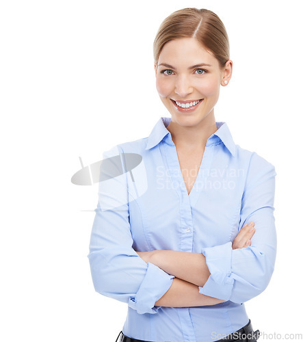 Image of Portrait, face and business woman with arms crossed in studio on white background mockup. Leadership, boss and smile of happy, confident or proud female ceo from Canada with vision or success mindset