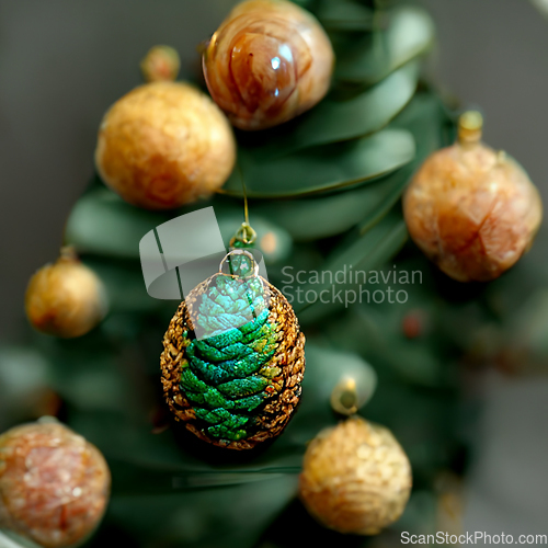 Image of Green and golden christmas decorations on fir tree, ornament bac