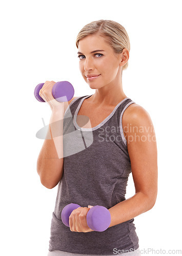 Image of Woman, dumbbells and studio portrait for wellness, muscle development and health by white background. Weightlifting model, vision and isolated for training, workout and exercise for strong body goals