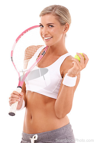 Image of Tennis woman, studio portrait and racket with smile for health, sport and fitness by white background. Happy tennis player, focus and tennis ball in hand while isolated for training, wellness or goal