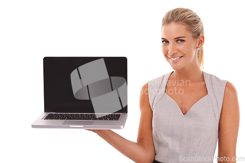 Image of Portrait, businesswoman and laptop with mockup in studio, isolated or white background of advertising space. Happy worker, female model and computer technology, website and digital marketing platform