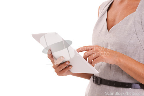 Image of Hands, business woman and tablet in studio, isolated on white background or mockup space. Closeup worker, female model and digital technology for corporate management, internet advertising or web app