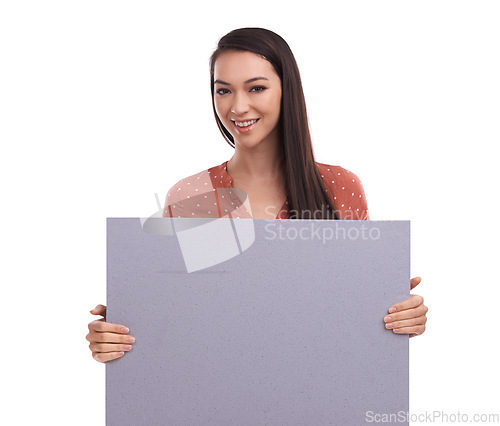 Image of Marketing mockup, portrait and woman with poster, placard or billboard for promotion, advertising or product placement. Sign, banner space and sales model girl with studio mock up on white background