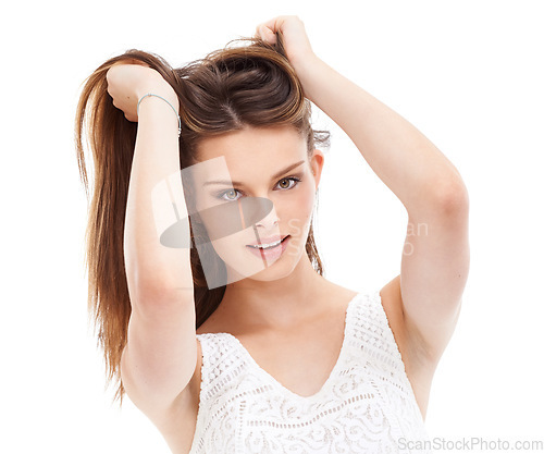 Image of Brunette beauty model, fashion hairstyle or portrait on isolated white background in keratin treatment or self care. Happy woman, face or brown hair color on advertising mock up for gen z dye brand