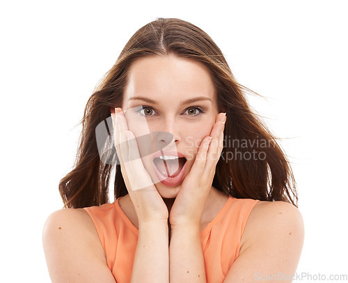 Image of Surprised woman, hands and hairstyle portrait on isolated white background with keratin treatment deal and dye sales. Shocked model, gossip and wow face on marketing mock up for hair product brand