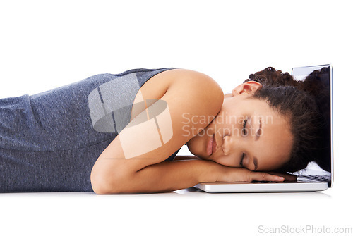 Image of Tired, sleeping and laptop of student in studio for study depression, burnout and mental health risk. Black woman with fatigue, low energy and depressed sleep on pc while studying for university exam