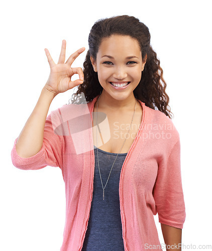 Image of Black woman, portrait and ok hand sign for support, success and approval on white background. Smile and face of a happy female model with perfect finger emoji for motivation, feedback and trust