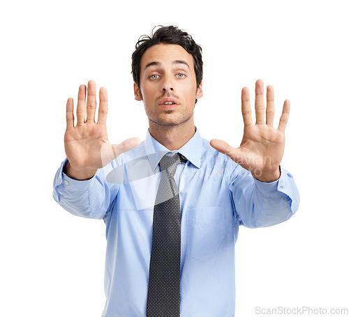 Image of Stop, problem and portrait hands of a businessman with a sign, serious signal and command on a white background. Palm, opinion and executive man with a no hand gesture, negative and bad expression