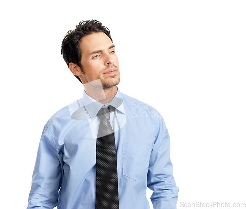 Image of Business, man and thinking for corporate deal, focus or marketing manager isolated on white studio background. Male entrepreneur, ceo or employee with concentration, ideas or consultant with decision