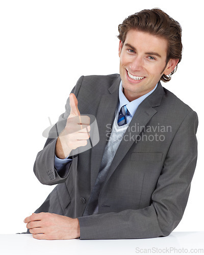 Image of Portrait, thumbs up and business man in studio isolated on a white background. Face, entrepreneur and male employee with thumbsup hand gesture for success, support or motivation, yes or like emoji.