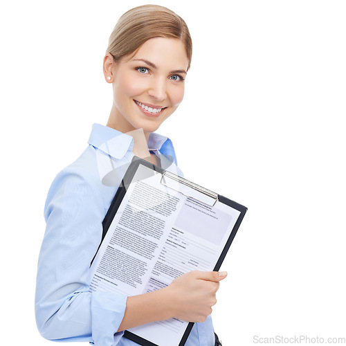 Image of Business woman, portrait and clipboard on isolated white background for cv review, recruitment or mockup job interview. Smile, happy and human resources worker with paper documents for we are hiring