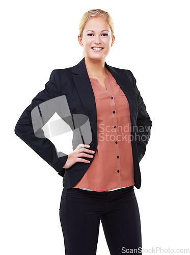 Image of Leadership, portrait and business woman in studio isolated on a white background mock up. Ceo, boss and face of confident, proud and happy female entrepreneur with vision, mission and success mindset