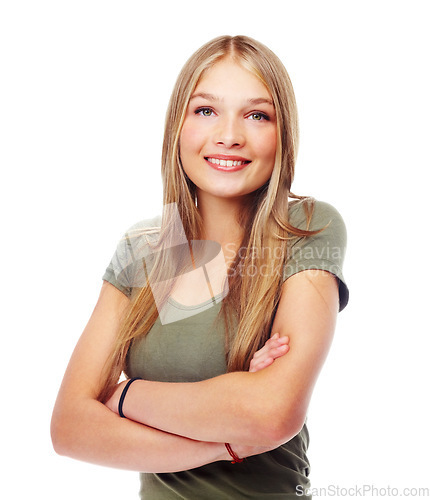 Image of Woman portrait, happy and beauty of teenager with a smile, arms crossed and positive mindset on white background. Face of young female model with makeup, cosmetics and long hair with a glow and shine