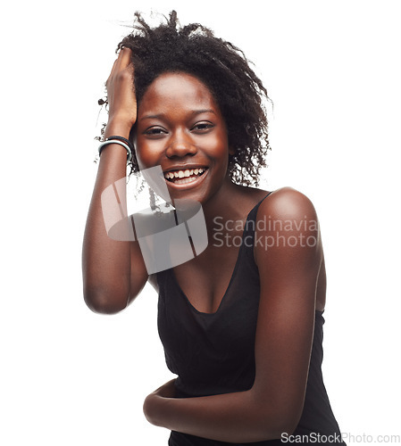 Image of Face portrait, beauty hair care and black woman in studio on a white background mock up. Skincare, makeup cosmetics and self love of female model with beautiful afro after salon treatment for growth