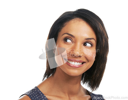 Image of Mockup, happy thoughts and black woman thinking of ideas of mindset, planning or remember memory. Inspiration, solution and studio model question goals, daydream or face decision on white background