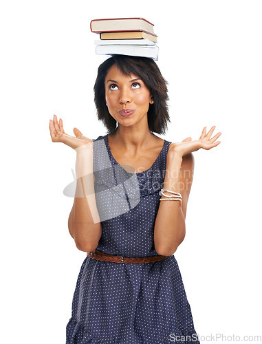 Image of Student, education or black woman with books or balance in studio with marketing mockup space. Development, focused or African school girl in university or college for study learning or future goals
