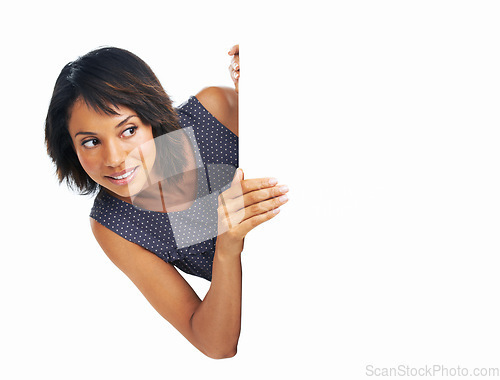Image of Poster, billboard and black woman with space, news or mockup for advertising brand or logo. Female with retail sale announcement, product placement or signage for white background branding poster