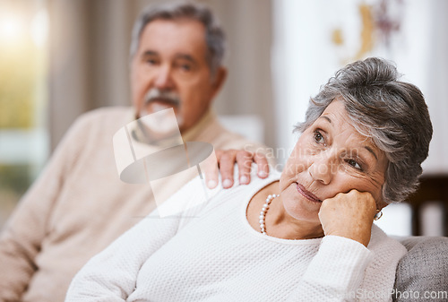 Image of Senior couple, stress and depressed together on home living room couch thinking about divorce, retirement and financial problem or crisis. Old man and woman with conflict in marriage after fight