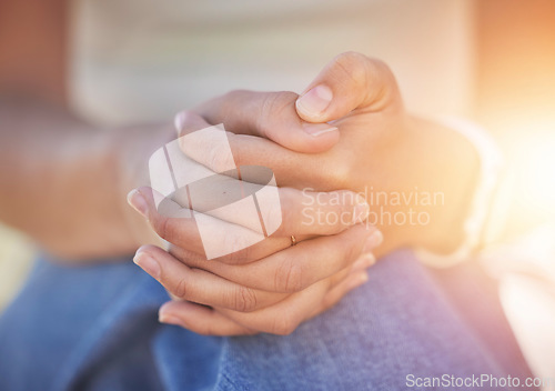 Image of Woman, hands clasped and nervous depression, anxiety or mental health in psychology crisis, problem or bipolar risk. Zoom, prayer fingers or person with stress, burnout counseling help or mind trauma